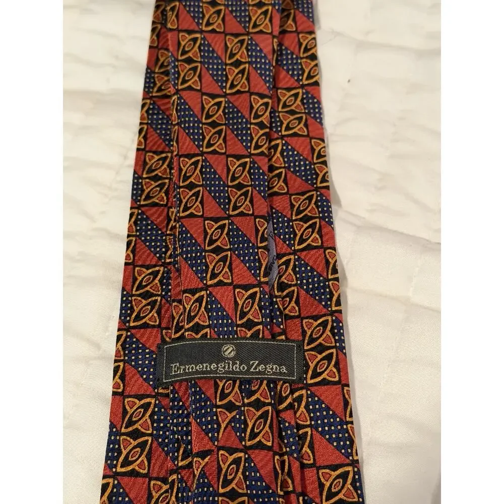 Ermenegildo Zegna 100% Silk Tie Red Navy Gold Geometric Luxury Mens Necktie
